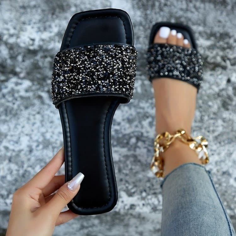 Sequined slippers for women to wear for summer, new style, flat bottom, European and American internet celebrity, rhinestone, one-word trendy slippers, foreign trade wholesale