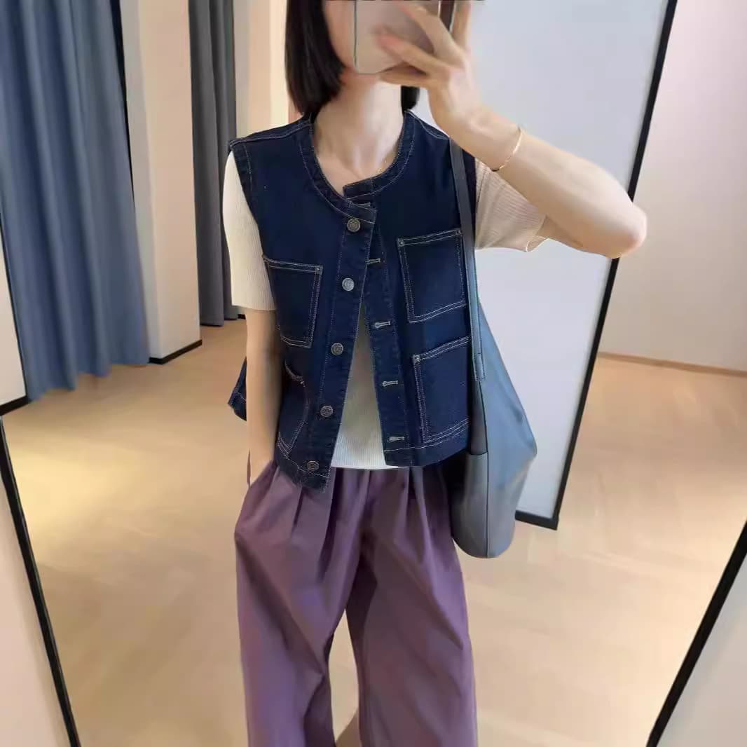Chic Retro Deep Blue Cropped Denim Vest Layering Versatile Sleeveless Vest Jacket