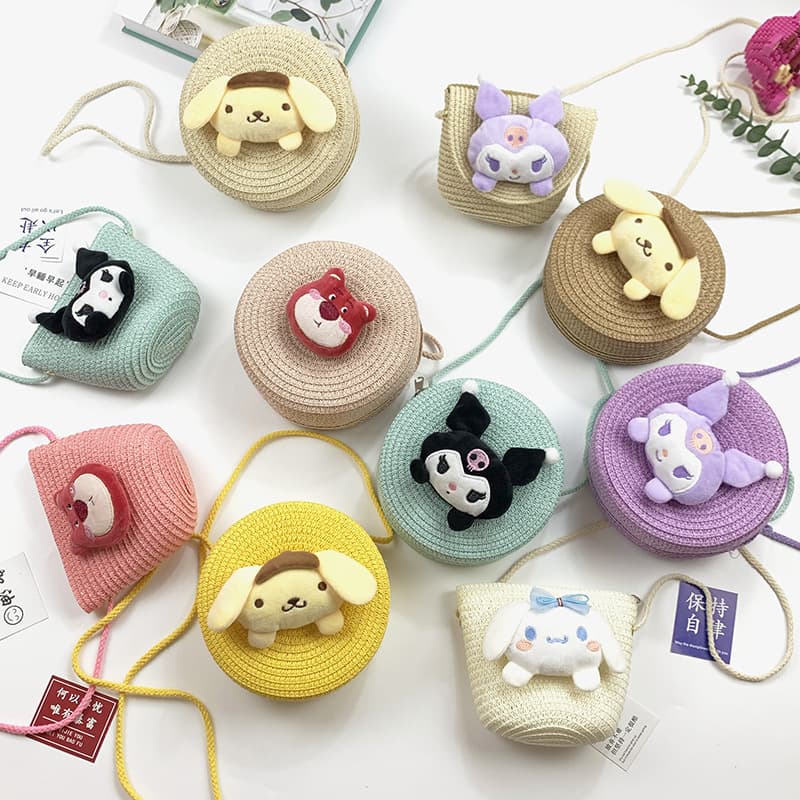 New children's straw woven bag, cute cartoon big-eared dog, kids' coin purse, crossbody bag, woven phone bag