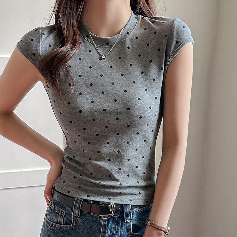 Carefully Selected Retro Polka Dot Round Neck Short Sleeve T-Shirt for Women 2026 Spring/Summer New Design Sense Niche Inner Layering Regular Shoulder Top