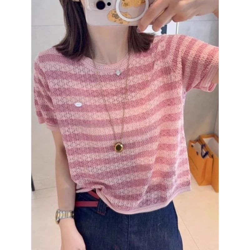 Pink Striped Ice Silk Thin Knit Short-Sleeve Women's Plus-Size 2026 New Summer Unique and Beautiful Loose Top