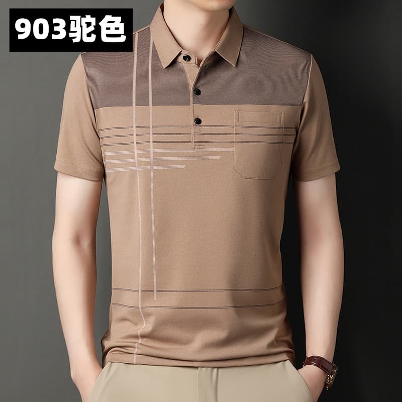 Genuine Pocket Mercerized Cotton Short-Sleeve T-Shirt Casual Thin Breathable Father's Summer Striped T-Shirt Men's Summer Polo Shirt