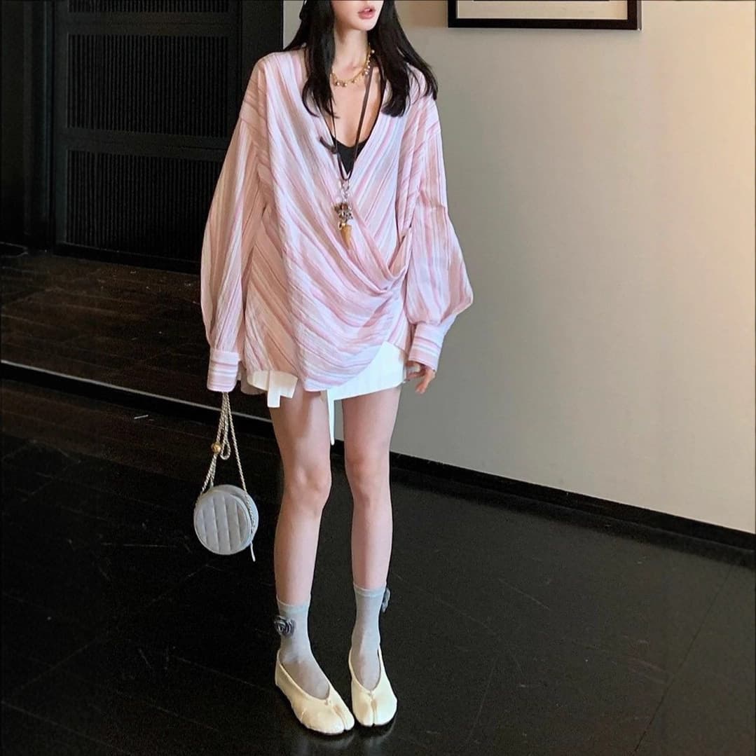 Ouyang Tiansi Cross Shirt Women's Summer New Design Loose Blouse Long Sleeve Sun Protection Top