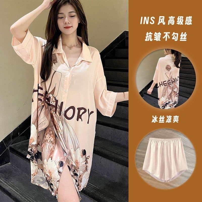 Summer Shirt and Nightdress, Sexy Ice Silk Short-Sleeve Pajamas, Women's Shorts, Sweet Cartoon Loose Thin Loungewear Set