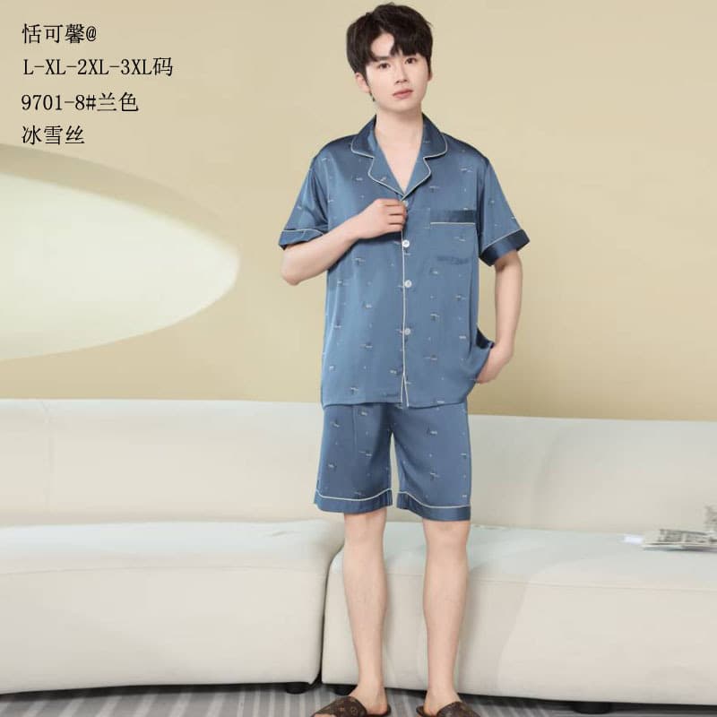 Tiankexin Ice Silk Pure Color Ice Silk Pajamas 26 New Men's Silk Short Sleeve Shorts Two-Piece Homewear