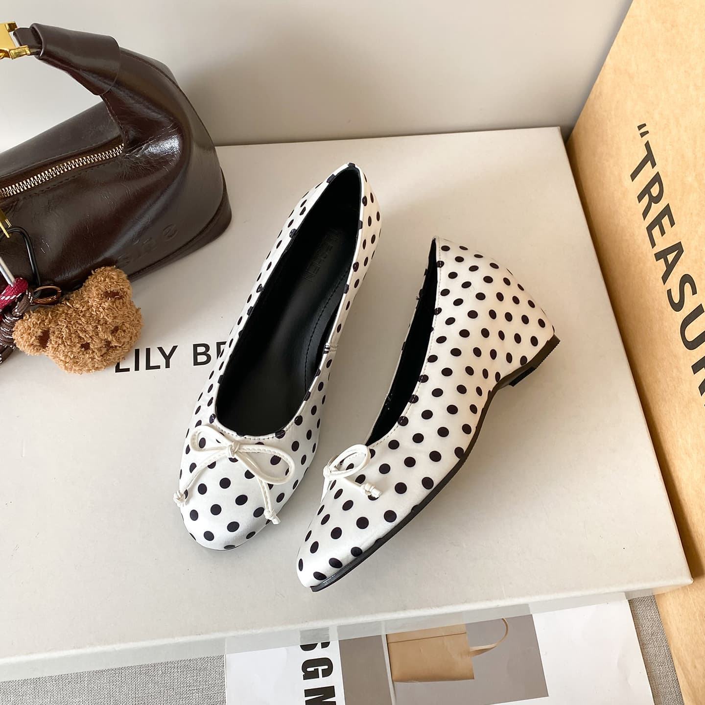 French-Style Mary Jane Shoes with Skirt, Shallow Square Toe, Hidden Height Increase, New Polka Dot Bow Versatile Women's Shoes