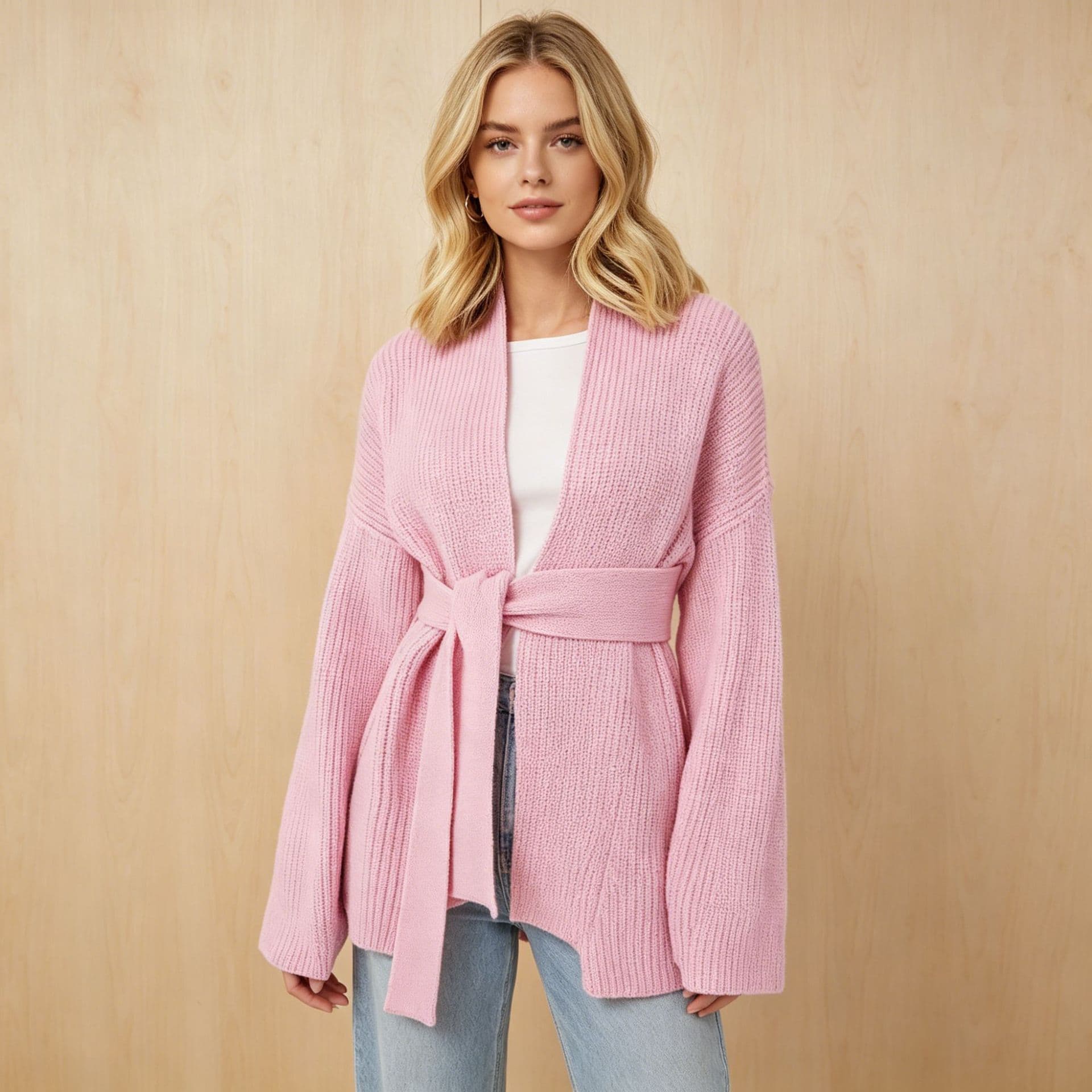 Cross-border autumn and winter Amazon European and American style buttonless sweater coat large size loose simple lace-up knitted cardigan for women