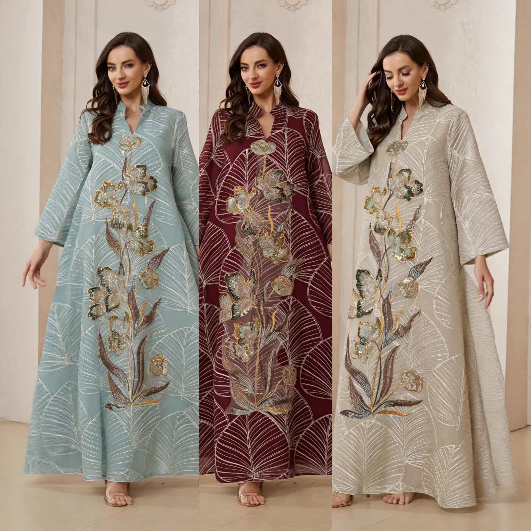New NC132 Muslim Dress Middle East Dubai Abaya Arabic Long Robe Embroidered Mesh Dress Women's Islamic Fashion Long Gown
