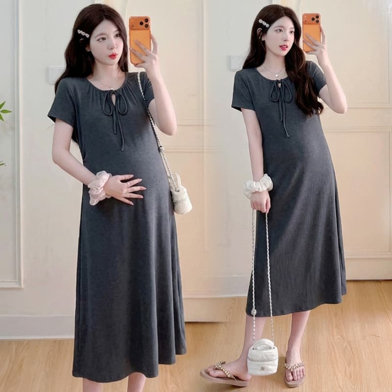 Summer New Maternity Dress with Tie Short Sleeve, Elegant Long Dress, Loose and Slimming Plus Size Long Dress