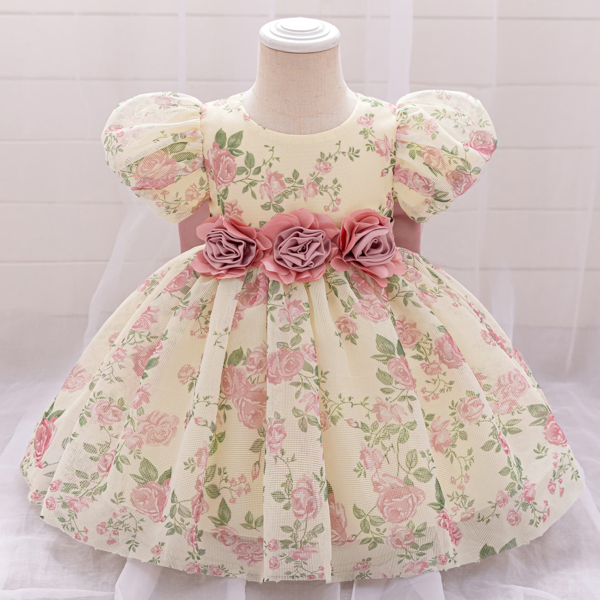 Cross-Border Girls' Dress, European and American Bubble Sleeve Princess Dress, Children's Floral Puffy Dress, Birthday Party Gown