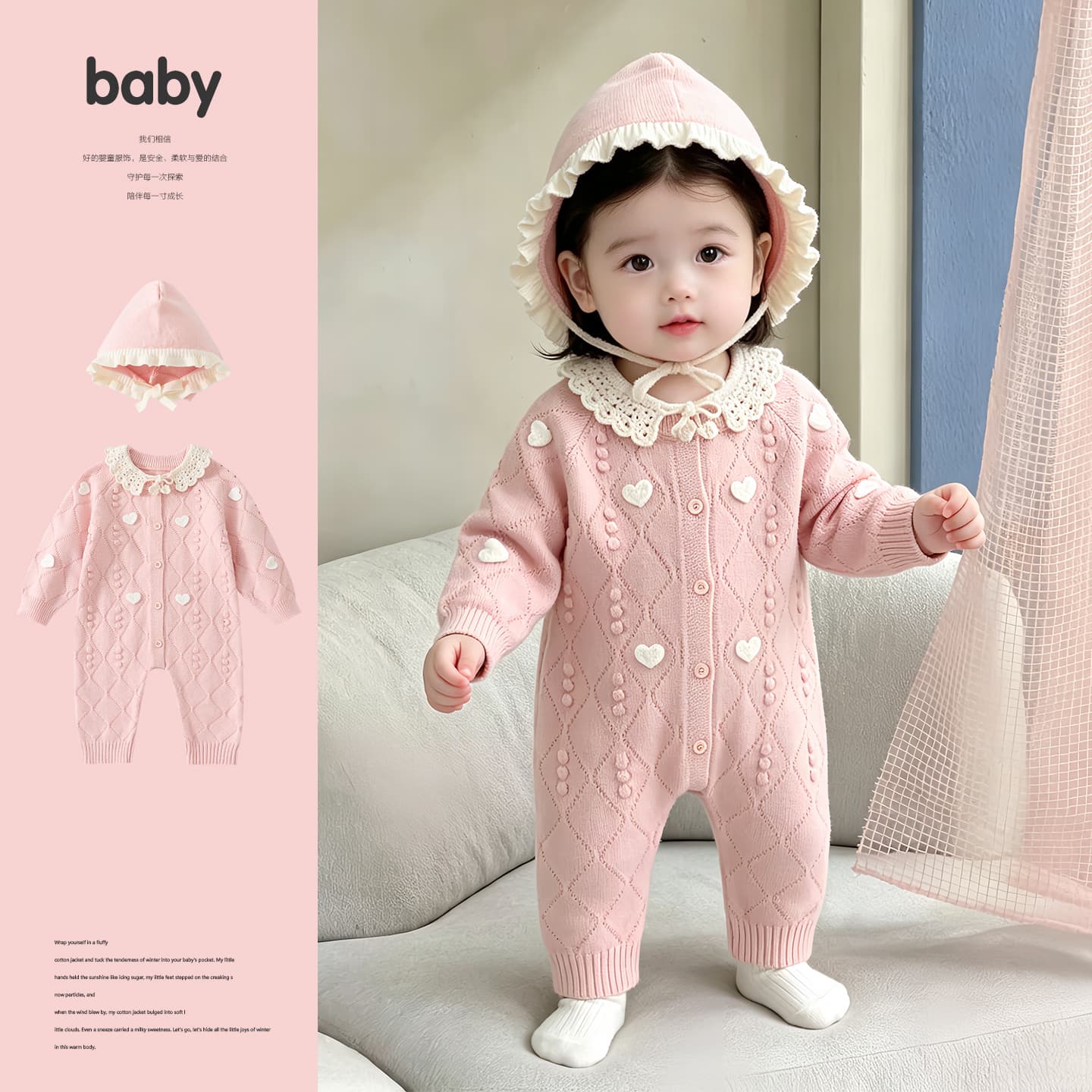 Sweet lace bow fetal cap for infants and young children, simple woolen onesie, baby girl's autumn loving long climbing suit