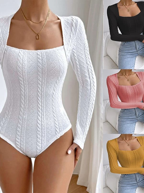 Spot cross-border AliExpress elegant style long-sleeved bodysuit slim fit bottoming shirt white