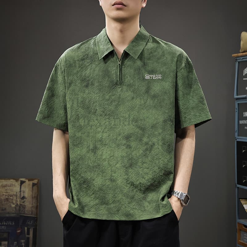 Premium Half-Zip Ice Silk Men's Short-Sleeve Polo Shirt 2025 Summer Bubble Quick-Dry Casual Loose T-Shirt