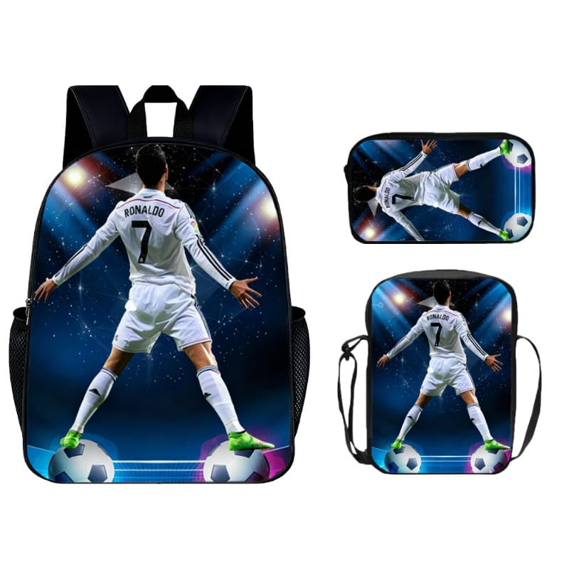 New Printed Football Star Three-Piece Set Backpack CR7 Ronaldo Cartoon Student Backpack Shoulder Bag Pencil Case for Boys