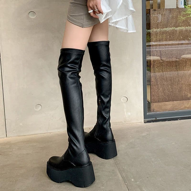 High Boot 2024 Autumn/Winter New Style European and American Fashion Casual Wedge Heel Women's Boots Square Toe Platform Over-the-Knee Boots Women's Shoes