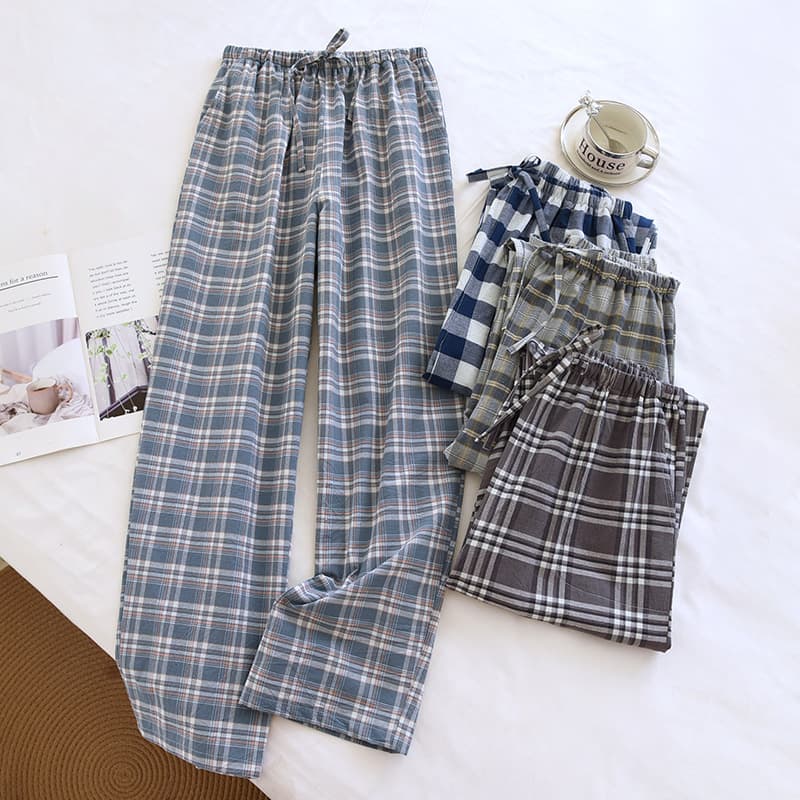 Plaid Washed Cotton Pajama Pants Men's Spring Summer and Autumn Thin Sweat-Absorbing Breathable Gauze Home Pants Outer-Wearing Casual Pants