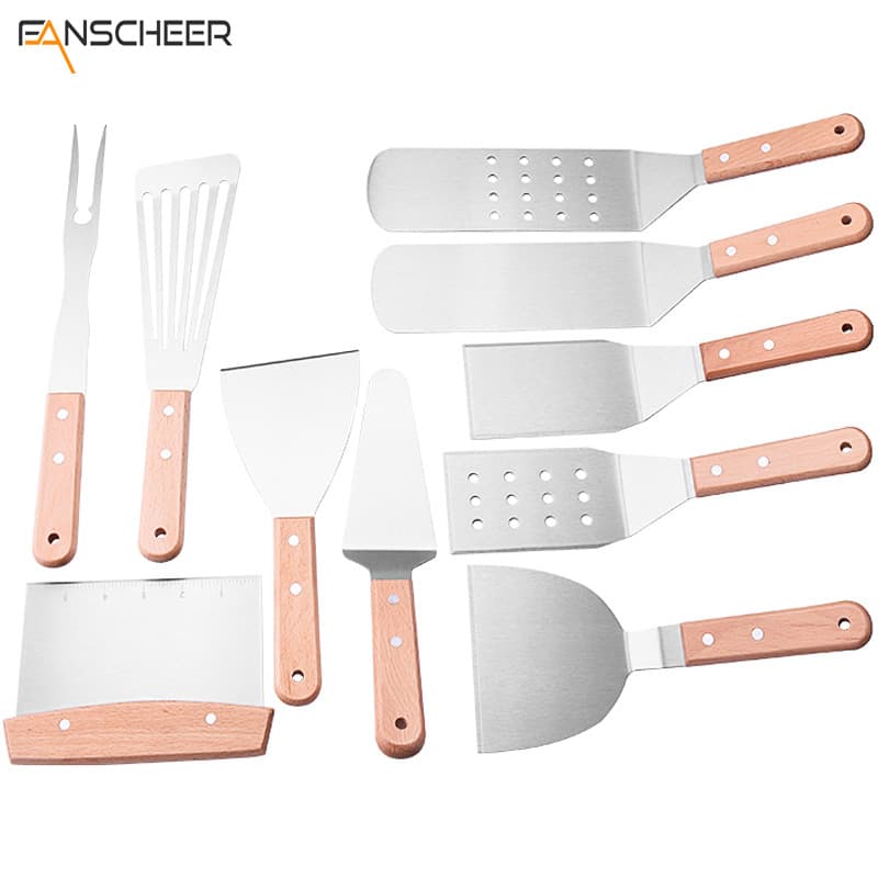 Beech Handle Outdoor BBQ Tool Set - Grill Spatula, Teppanyaki Spatula, Cooking Spatula Set