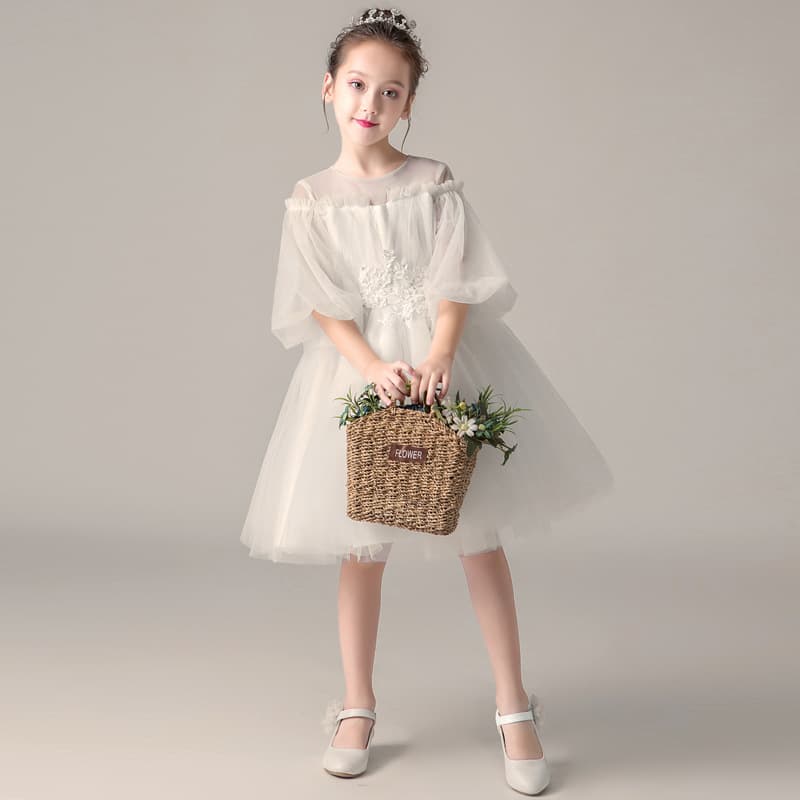 Flower Girl Dress White Girls Princess Gown Birthday Tulle Puffy Dress High-End Children Piano Performance Outfit Winter