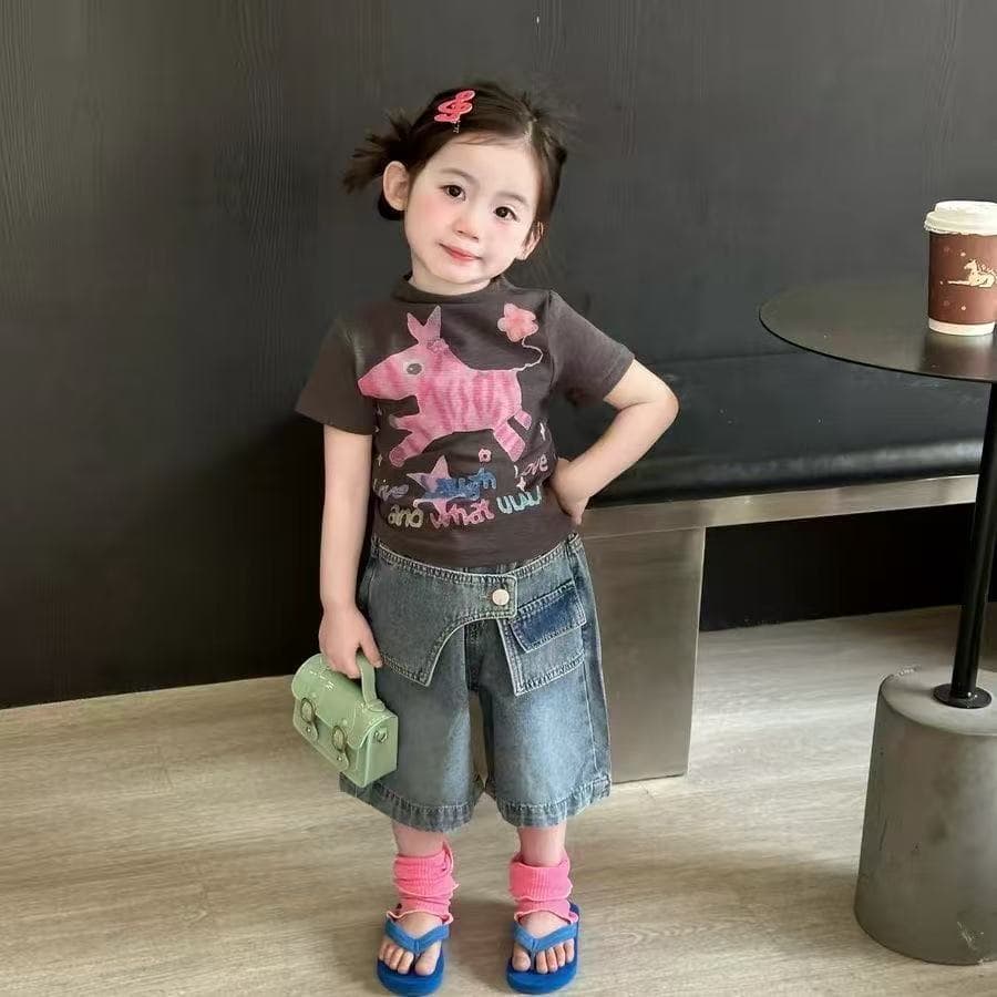 Girls' Short-Sleeve T-Shirt 2026 New Summer Children's Trendy Stylish Pony Print Top and Jeans Set