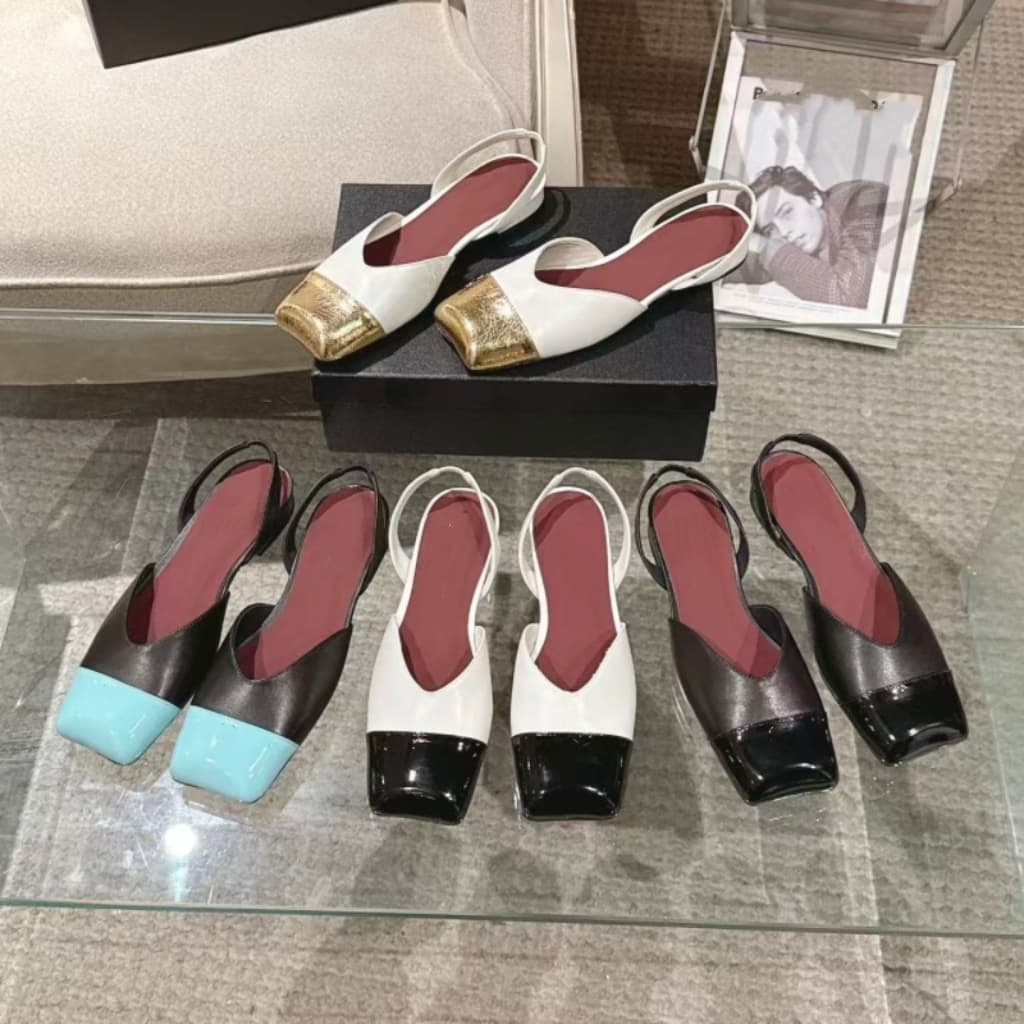 New Genuine Leather Color-Block Square-Toe Flat Sandals for Women, One-Strap Backless Closed-Toe Retro Simple Slippers, Chanel Style