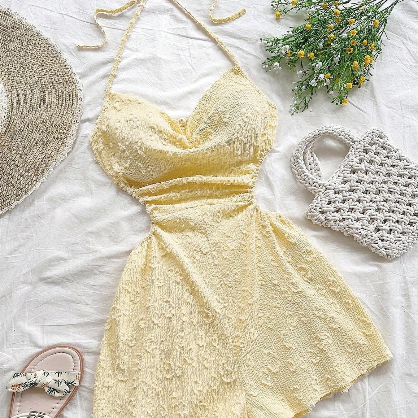 Cross-Border Sweet and Cute Women's Halter Neck Sleeveless Ruched Short Jumpsuit Casual Tie-Back Vacation Beach Jumpsuit