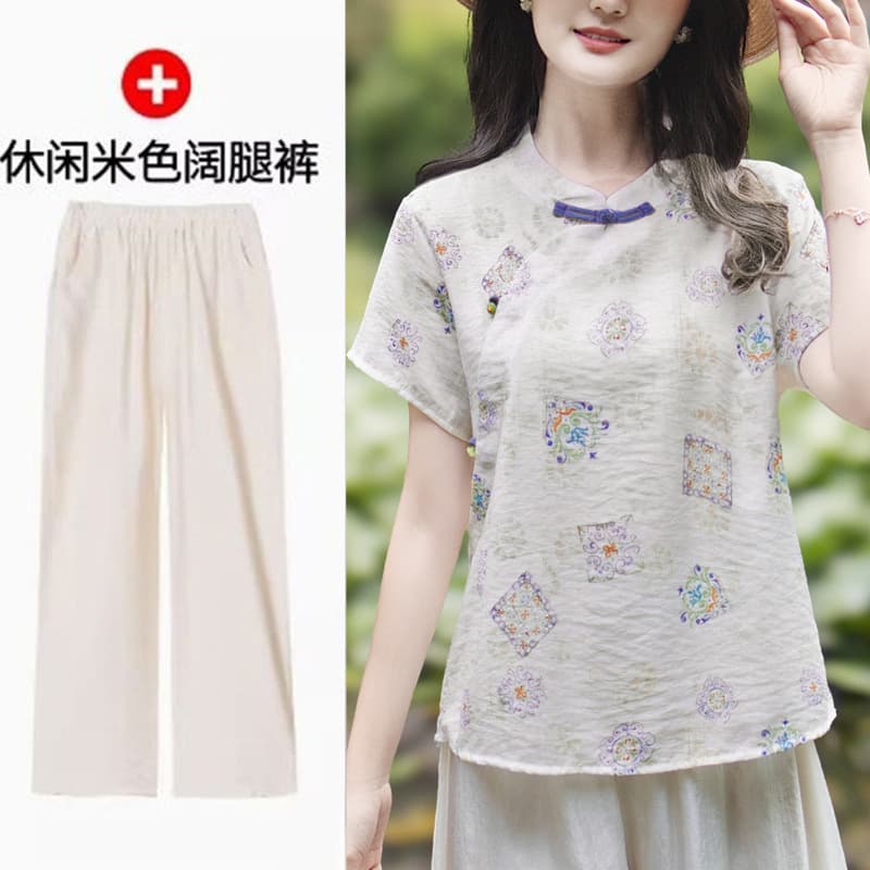 Mother's Summer Set: Ramie Shirt for Women, Vintage Chinese Style with Pankou Stand Collar, Asymmetrical Placket, Loose Fit Short Sleeve Set