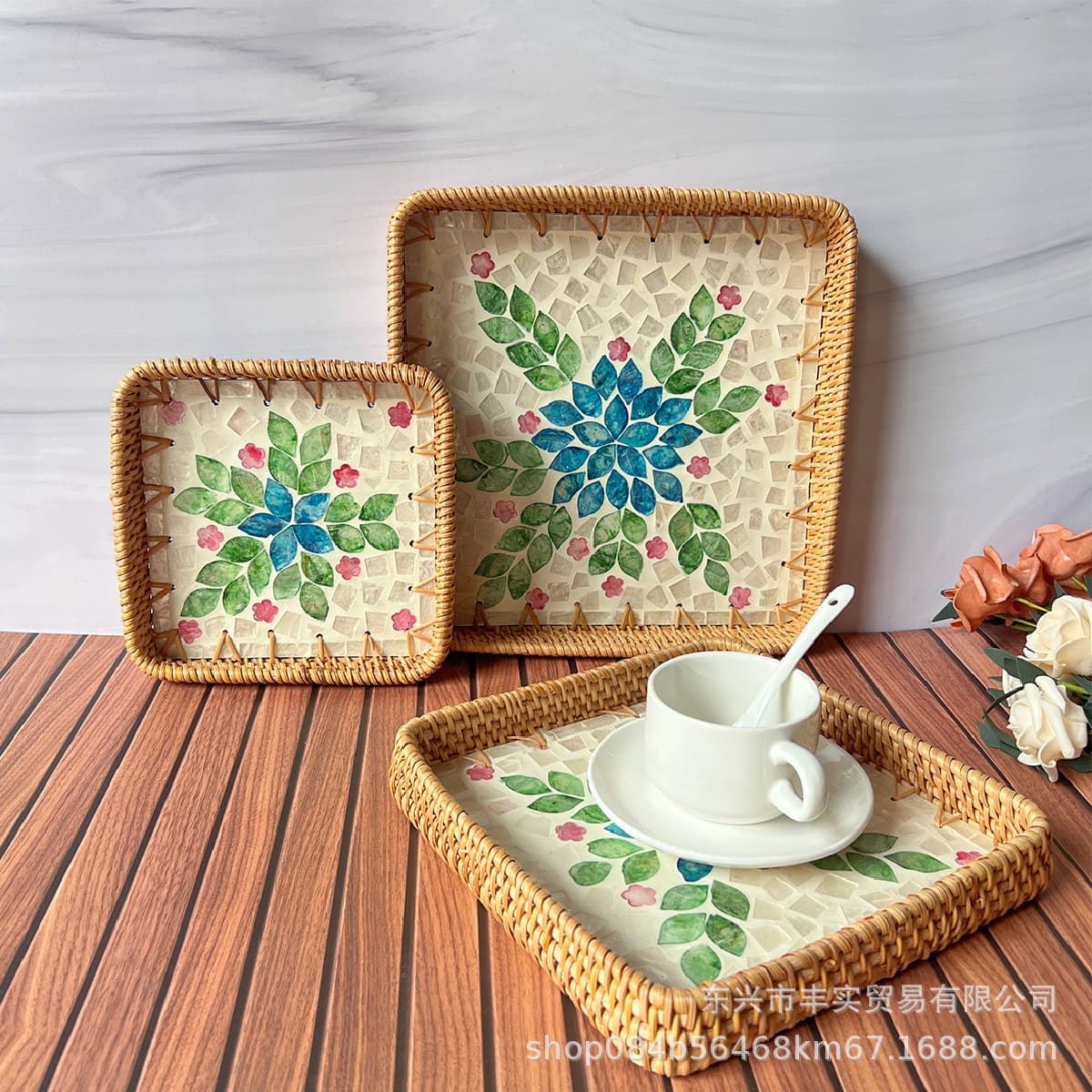 Vietnam Handwoven Rattan Shell Tray Home Desktop Decorative Placemat Tea Tray Fruit Snack Jewelry Storage Wholesale