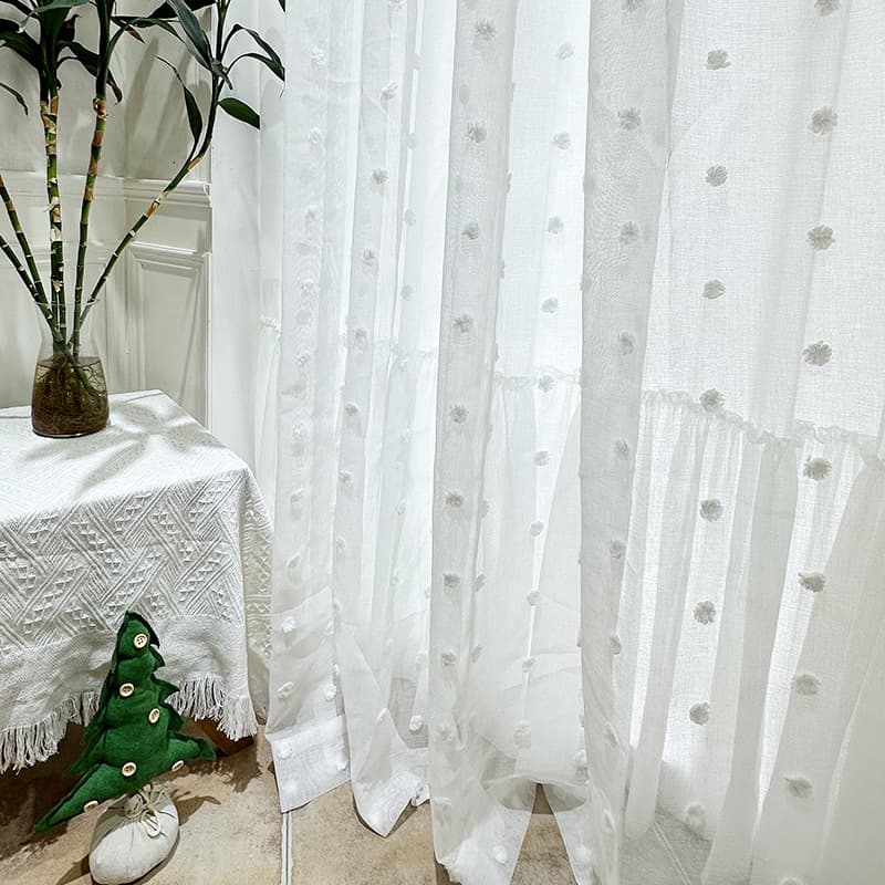 Versatile White 3D Embroidered Pom-Pom Voile Curtain for Bedroom Bay Window, Semi-Sheer Light Filtering Curtain for Export Cross-Border