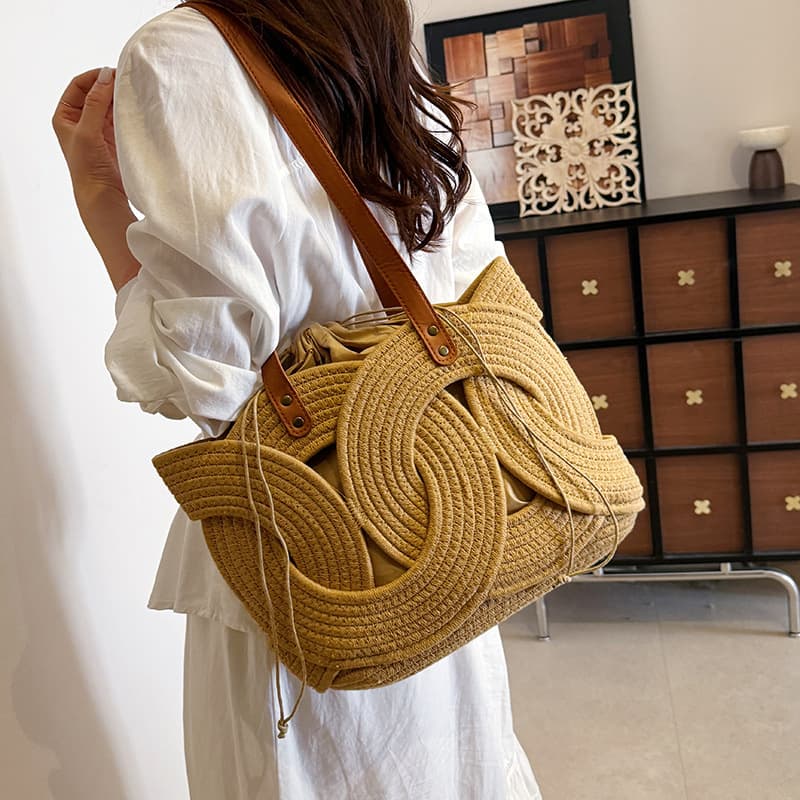 Cross-border popular woven bag large capacity women's tote bag high-end retro women's shoulder bag rattan straw bag