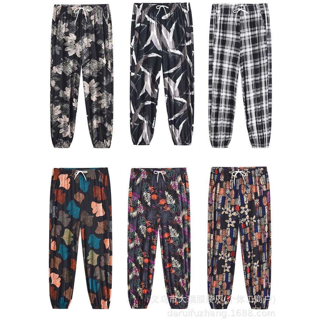 Summer ice and snow silk mom pants for middle-aged and elderly women, thin floral pants, loose large size straight wide leg women's bloomers