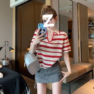 2026 New Retro Striped Notched Collar Short Sleeve T-Shirt Knit Top for Women Summer New Versatile Chic Blouse