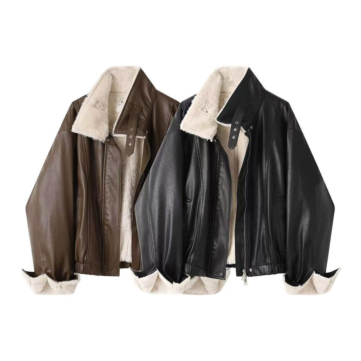 Fleece-lined leather jacket for petite women, new winter style, loose fit, short PU leather jacket, 2025.