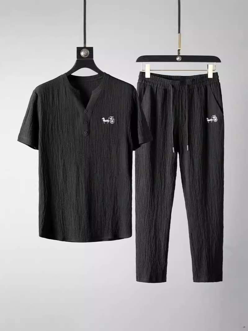 High-Quality Ultra-Thin Short-Sleeve Ice Silk Linen Set for Men, Summer Plus Size Loose Mid-Sleeve T-Shirt, Cotton-Linen Two-Piece Set