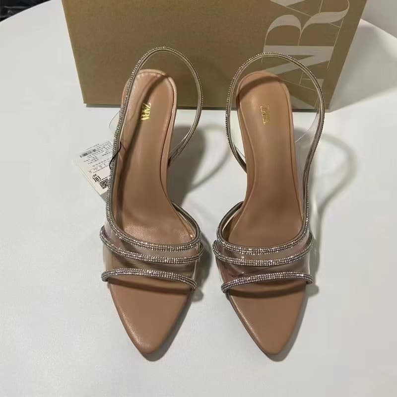 ZA autumn new product 2026 French high-heeled women's shoes pointed toe fish mouth rhinestone chain transparent PVC slingback sandals for women