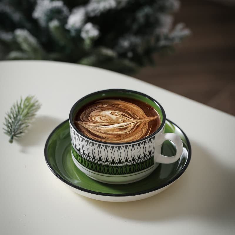 Vintage Green Finnish Mid-Century Ceramic Coffee Cup and Saucer Set, Large Capacity Creative Mug for Afternoon Tea with Tray