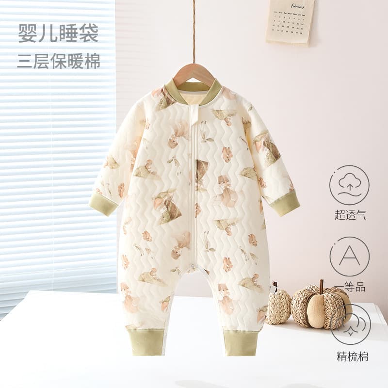 Baby thermal sleeping bag with cotton spring and autumn quilted split-leg pajamas for boys and girls newborn zipper multi-function