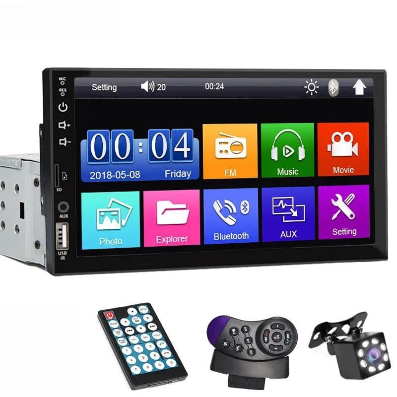 Xin Xu Da car MP5 player 7023 with wired CarPlay phone connectivity, multimedia system, and reverse camera
