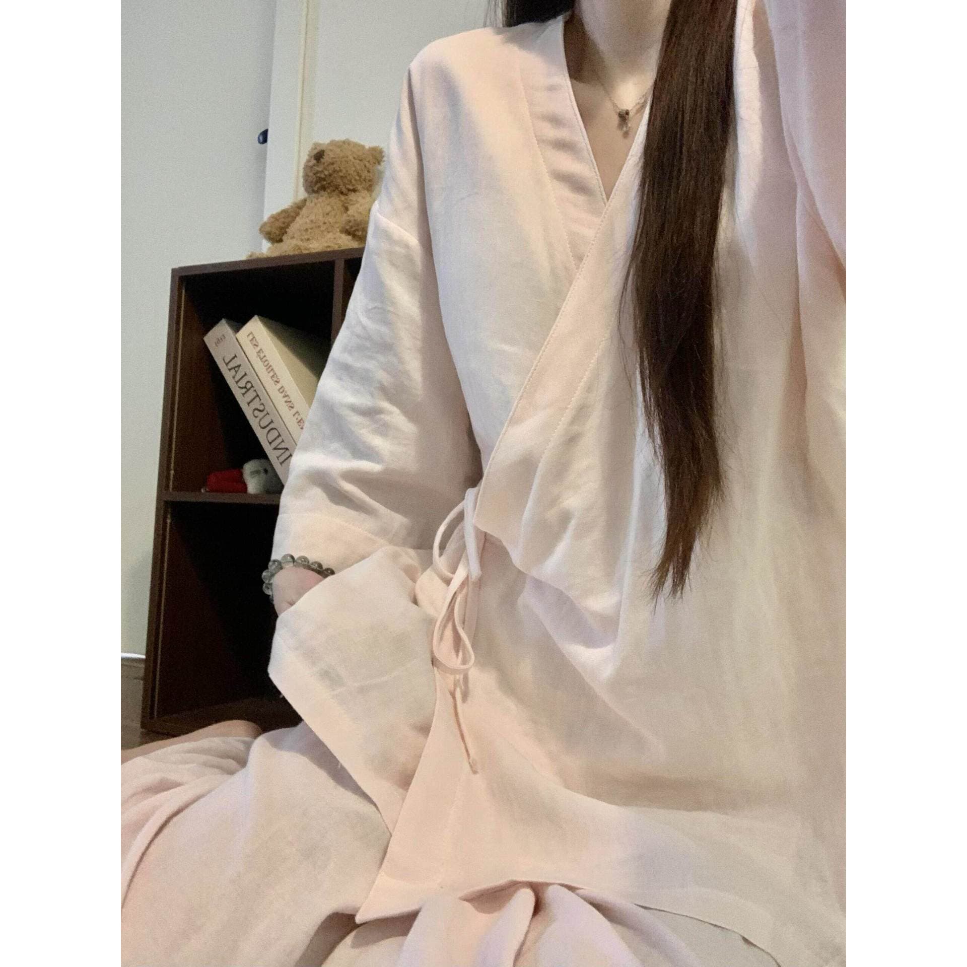 Korean Light Luxury Style Light Pink Tie V-Neck Long Sleeve Pajama Set for Women Summer Skin-Friendly Loungewear Suit Wear-Out