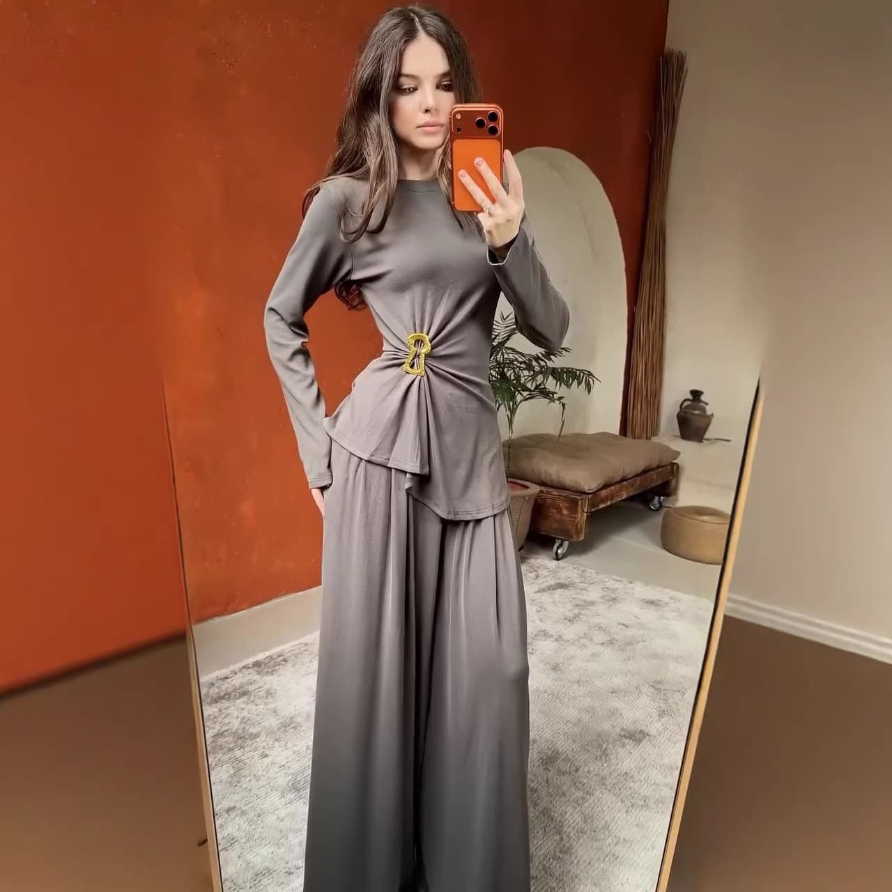 2026 Fall New Cross-Border European and American Women's Fashion Round Neck Button Pleated Commute Top Loose Wide-Leg Pants