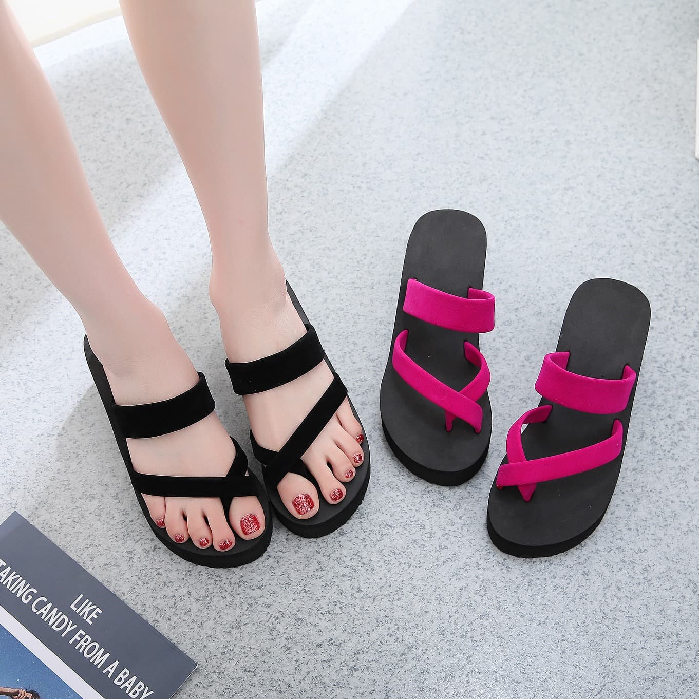 Casual Fashionable Women's Sandals Outdoor Beachwear Thick Heel EVA Slippers Summer Ladies Stylish Flat Sandals Cotton Fabric
