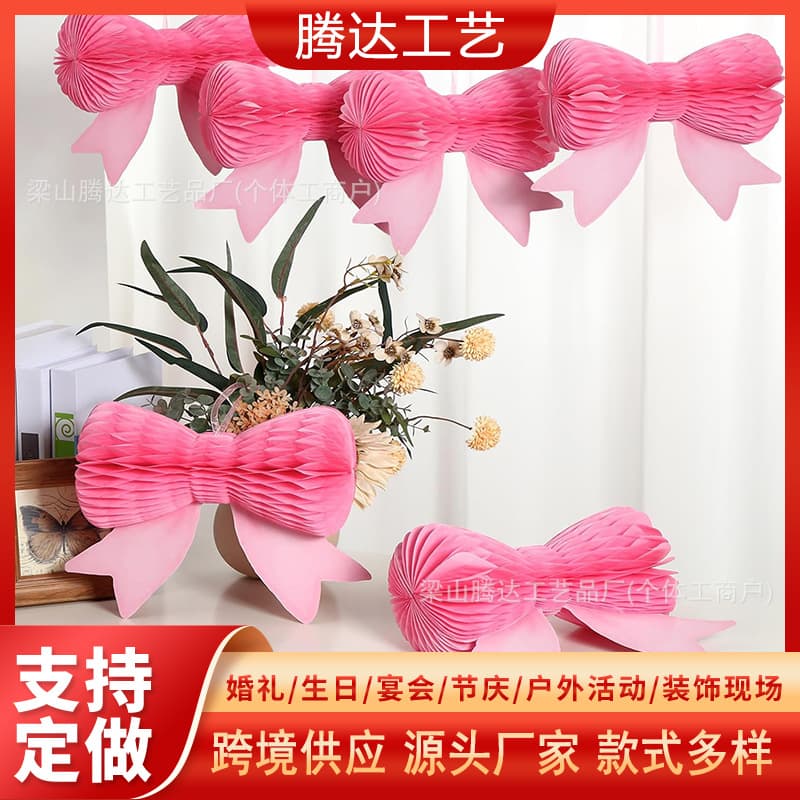 Pink Bow Hanging Honeycomb Decoration Party Pink Bow Decoration Paper Lantern Shower Wedding Bachelorette