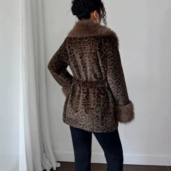 Leopard Print Faux Fur Trim Coat Women Retro Leopard Print Patchwork Faux Fur Coat