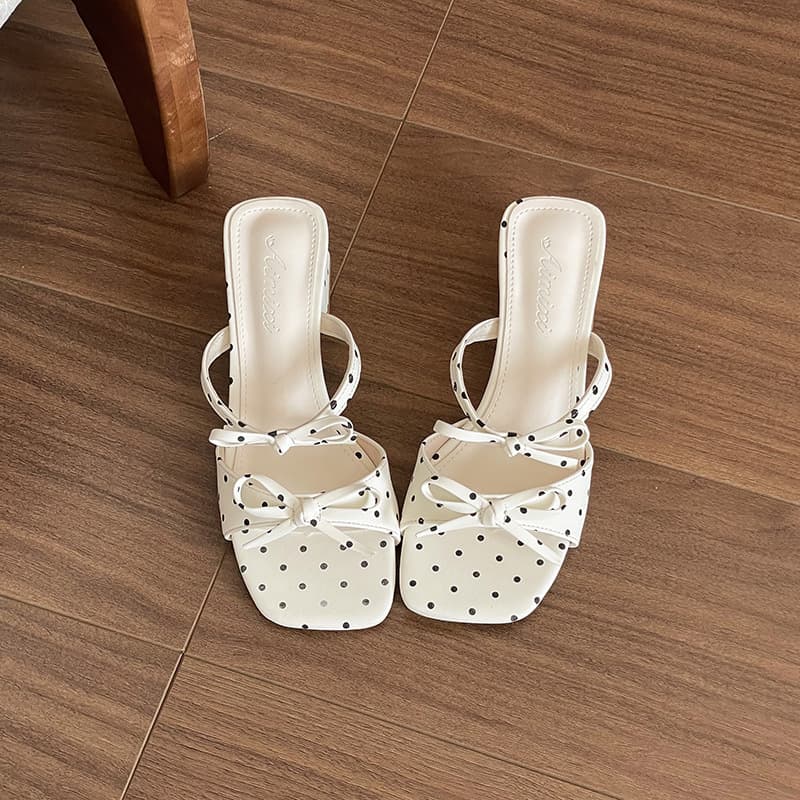 French Sweet Bow Polka Dot Open Toe High Heel Sandals for Women, 2026 Summer Fashion New Style Slide Sandals
