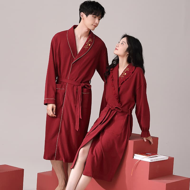 Couple Robe Spring Autumn Wedding Bride Bathrobe Morning Robe Men Women Newlywed Festive Red Mid-Length Loungewear