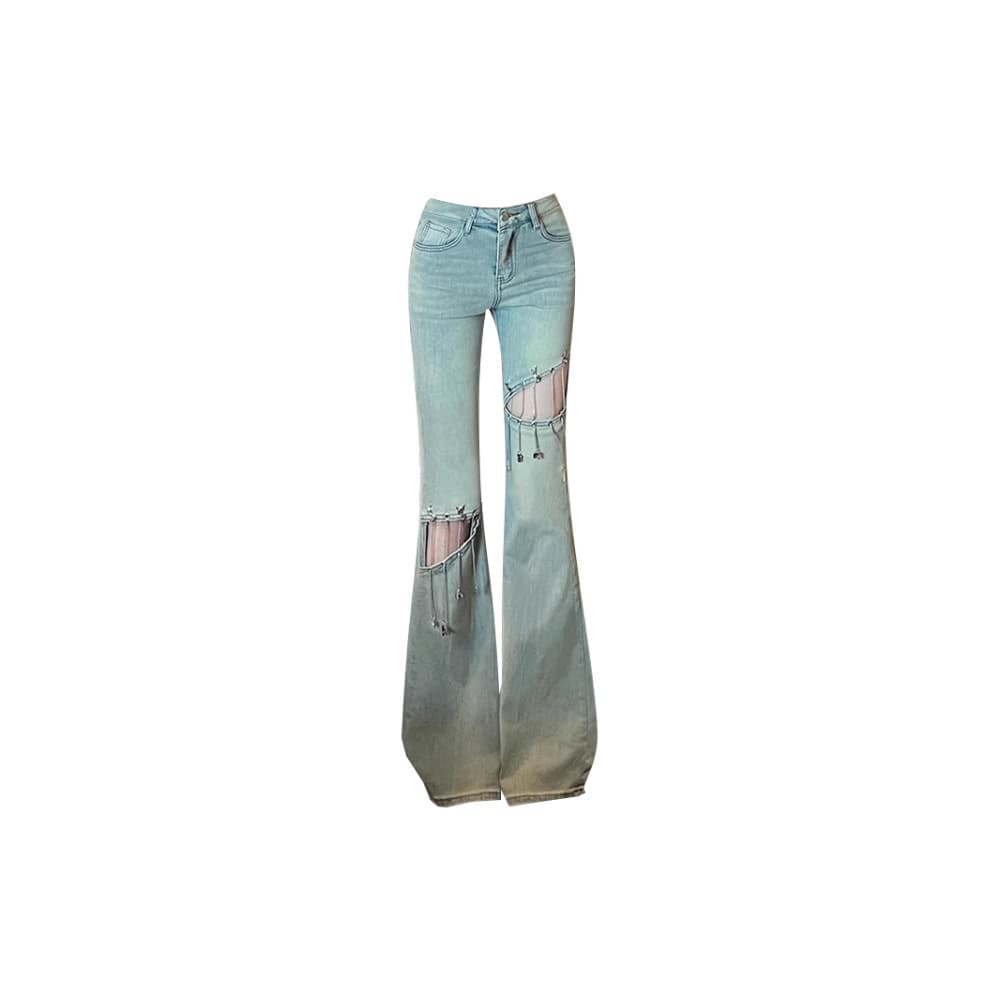 Light Blue Distressed Washed Vintage Flare Jeans for Women High Waist 2025 Fall New Slim Fit Floor-Length Trendy Pants