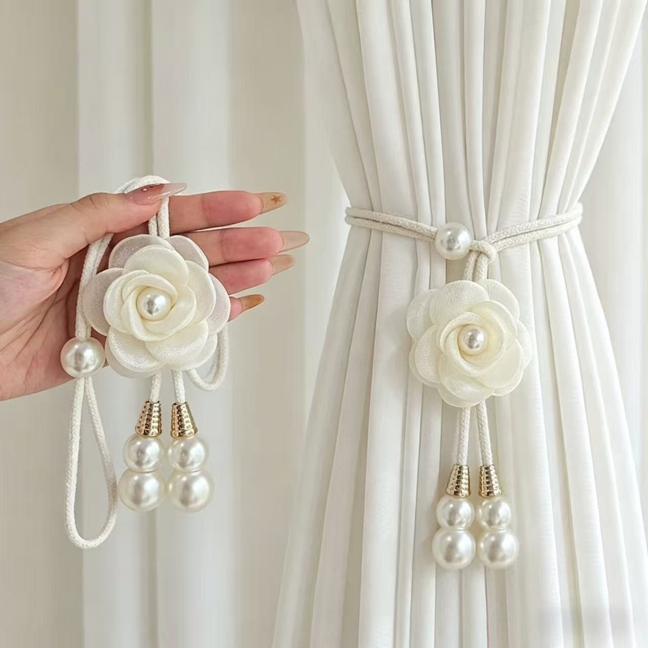 Pearl camellia flower curtain buckle drawstring collection tie rope modern simple gauze curtain tie with fixed buckle decoration