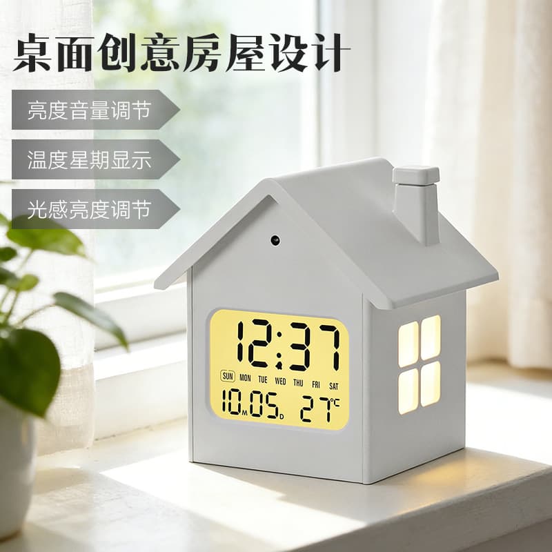 Temperature Calendar Display House LCD Light Ornament Student Creative Home Decoration Calendar Office Desk Alarm Clock