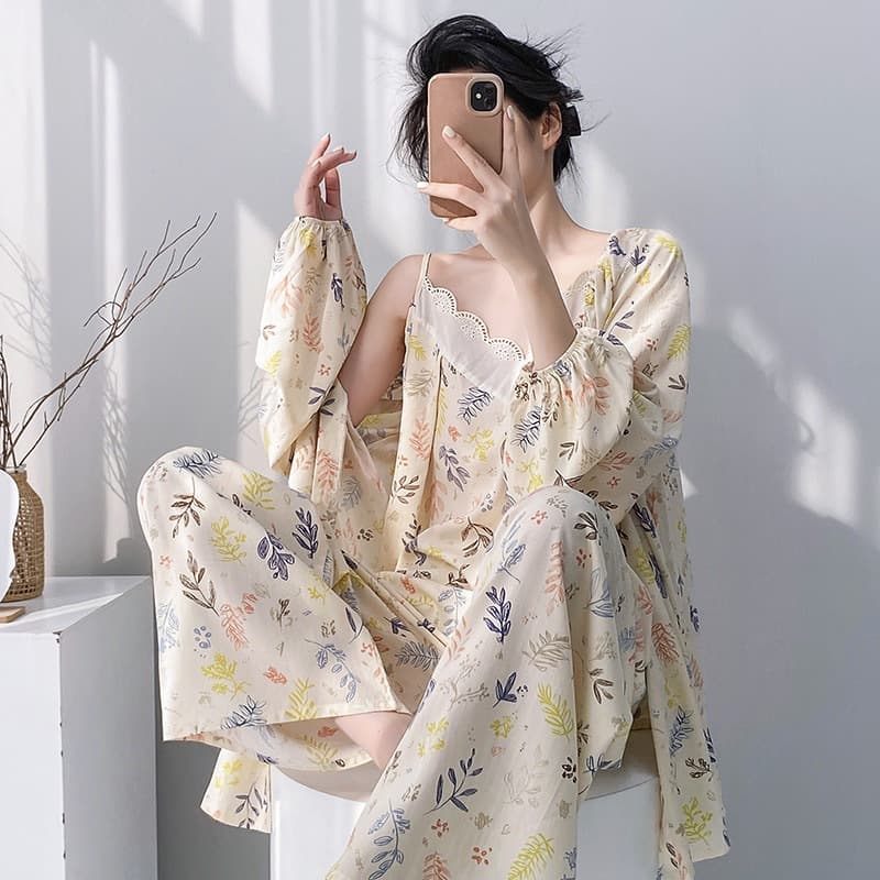 New Silk Cotton Sexy Camisole Sleepwear Three-Piece Set Korean Cartoon Print Long-Sleeve Home Clothes Spring/Summer