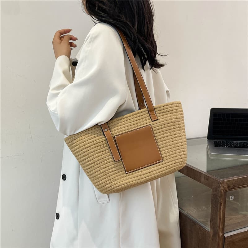 Shoulder Bag, Korean Style Trendy Simple Large Capacity Woven Bag, Handwoven Bag, Commuter Cotton Rope Woven Bag