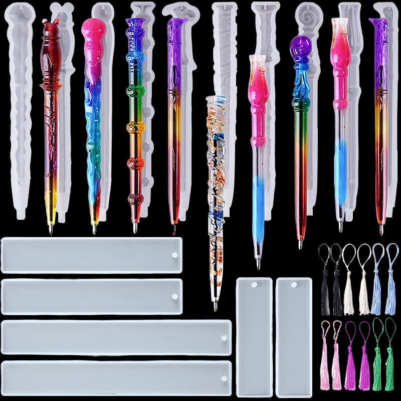 Crystal Epoxy DIY Magic Pen Kit with Multiple Pen Refills and Molds, Mirror Bookmark Decoration Ballpoint Pen Silicone Mold